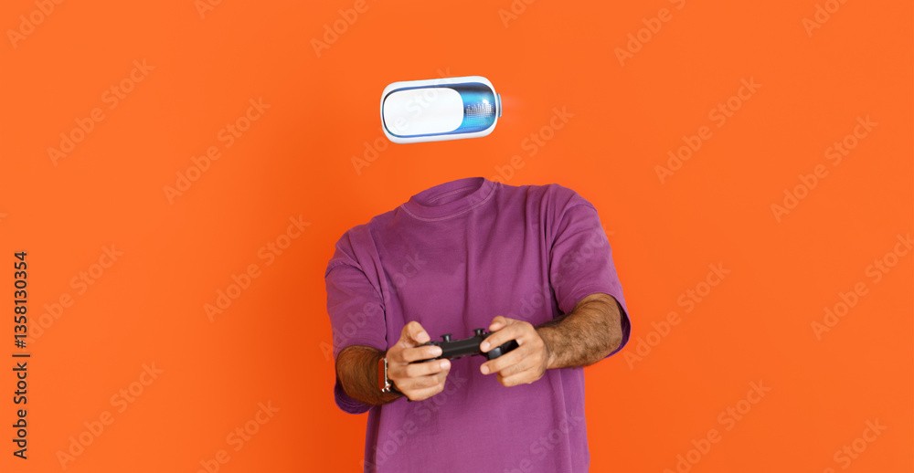 Aufkleber a user stands isolated against an orange background, actively participating in virtual reality with 