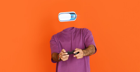 A user stands isolated against an orange background, actively participating in virtual reality with...