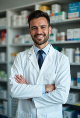 Fototapeta premium Portrait of a handsome pharmacist working in a pharmacy