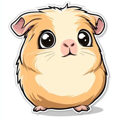 Obraz premium Cute Childish Kawaii Guinea Pig Character Sticker Standing with Big Round Eyes, Fluffy Fur, and a Cheerful Expression, Thick Black Outline