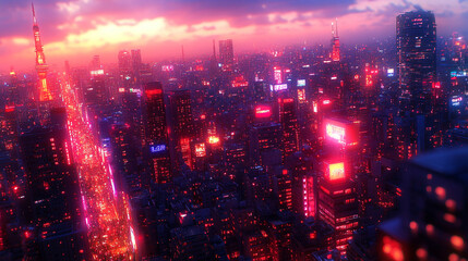 futuristic urban cityscape with sleek modern architecture illuminated by vibrant neon lights. The design embodies innovation, progress, and limitless possibilities, with a white, gold, and silver tone