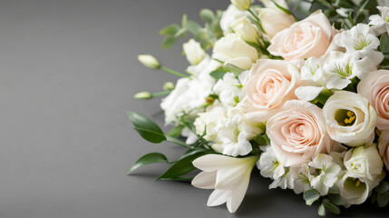 Fototapeta premium Soft Pastel Floral Composition of Roses and White Blooms With Greenery on Gray Surface for Seasonal, Editorial, and Greeting Card Use