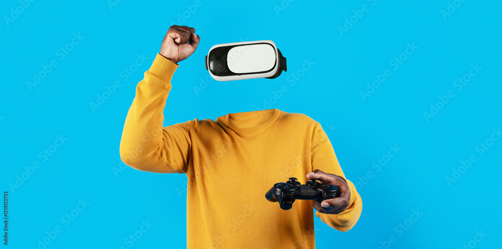 Poster user engages in virtual reality gaming, wearing a headset and holding a controller while showing exc