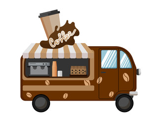 Vector illustration of a food truck selling coffee, featuring a brown design with a coffee cup illustration. The scene captures a beverage service vehicle.