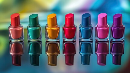 Six Colorful Nail Polish Bottles Reflecting