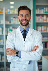 Fototapeta premium Portrait of a handsome pharmacist working in a pharmacy