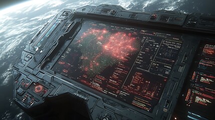 Detailed view of a futuristic interface showing global data