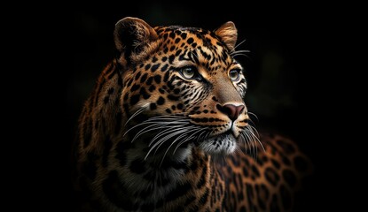 Obraz premium A majestic leopard prowls through a shadowy forest. its striking coat blending with the dark surroundings. while subtle hints of foliage create a mysterious atmosphere