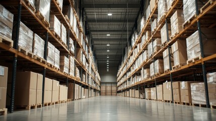 Fototapeta premium Industrial warehouse filled with neatly arranged steel sheets, showing their cost-effectiveness and weather-resistant properties