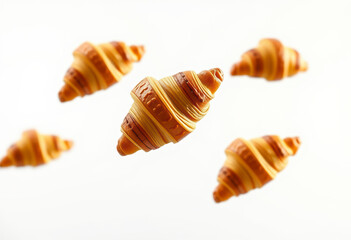 Croissant floats in mid-air, highlighting its buttery golden layers against a clean white background, evoking a sense of lightness and delight.