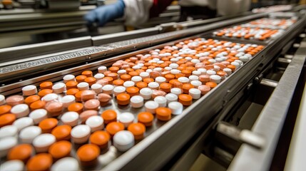 Fototapeta premium Pharmaceutical pills moving on a conveyor belt