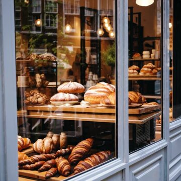 A cozy bakery window display shot from a street-level angle, showcasing fresh bread and pastries. Ideal for a warm, inviting video theme.