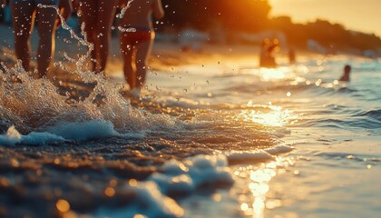 A family enjoying a sunny day at the beach, playing in the sand and water, Family Vacation, Fun and relaxing