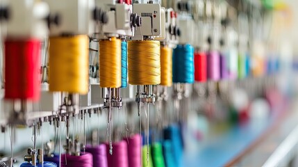 Colorful thread spools on industrial embroidery machine