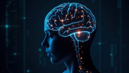 Obraz premium A profile view of a human brain illuminated with neural connections, set against a dark digital background. The composition emphasizes the interconnectivity of thoughts and ideas.