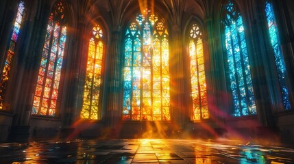 Obraz premium Light Playing Through Stained Glass Windows in a Cathedral 