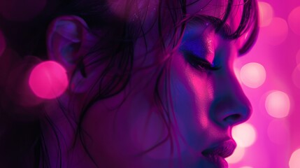 Fototapeta premium Neon Dreamscape: Woman In Purple & Pink Light, Cyberpunk Portrait