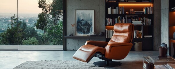 Stylish brown leather recliner, illuminated by warm evening light, large corner window, sleek shelving filled with books and art, minimalist concrete backdrop