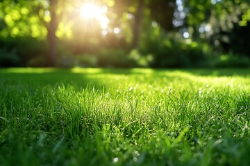 Naklejka premium Lush Green Lawn Illuminated by Sunlight