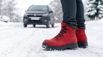 Warm Red Boots on Winter Snowy Road with Car in Background for Adventurous Outdoor Activities
