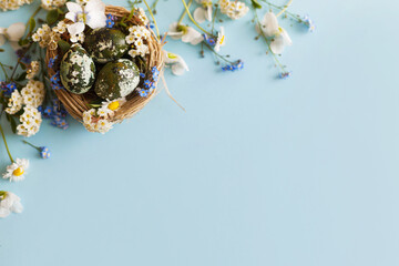 Easter flat lay. Stylish easter eggs and spring flowers in nest on blue background, space for text. Easter modern minimal banner. Season greetings mockup © sonyachny