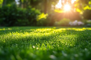 Naklejka premium un-Kissed Green Lawn with Trees and Dappled Light