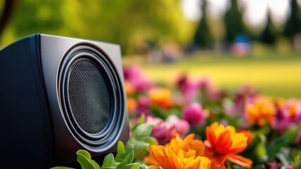Outdoor speaker among colorful flowers in lush garden setting