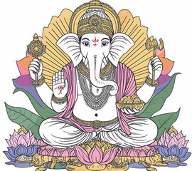 Obraz premium Spiritual Illustration of Ganesha with a Lotus and Weapon
