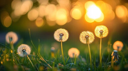 Golden hour dandelions in sunlit meadow with glowing bokeh effects.