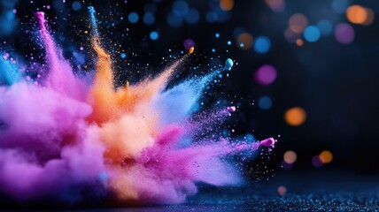 Colorful powder explosion with vibrant bokeh background, symbolizing celebration and festivity