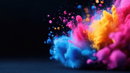 Vibrant cloud of colorful powder explosions on dark background