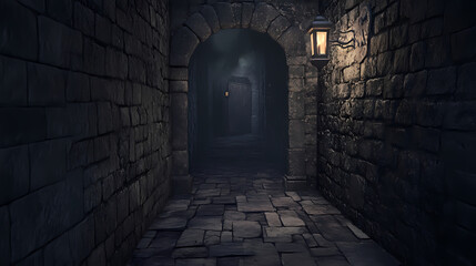 A dark, narrow passage with stone walls and a stone floor. Twilight Stone. Illustration