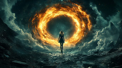 glowing silhouette of a woman in an open back dress stands in a radiant 3D space multiverse galaxy symbolizing a digital journey through realms of energy matter and endless possibilities