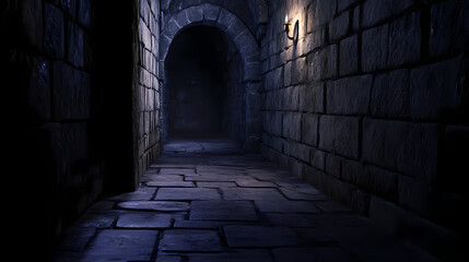 A dark, narrow passage with stone walls and a stone floor. Twilight Stone. Illustration