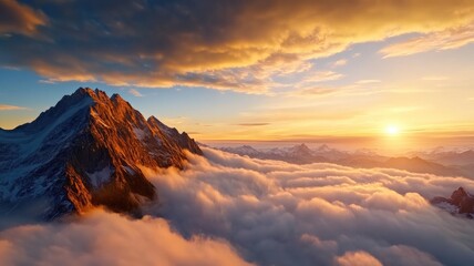 Majestic mountain peak at sunrise above cloud cover