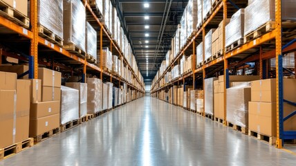 Large warehouse with high shelves filled boxes, reflecting logistics and storage
