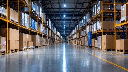 Spacious, well-lit warehouse with tall shelves and stacked boxes