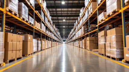 Large warehouse interior with stacked boxes and shelving, representing logistics storage