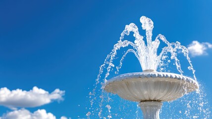 White stone fountain spraying water under clear blue sky