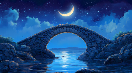 Fototapeta premium Ancient stone bridge at night under crescent moon. Twilight Stone. Illustration