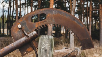 Rusty agricultural tool displayed on a wooden post in a forested area during daylight
