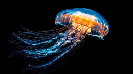 Single jellyfish with long flowing tentacles, glowing neon orange and blue, suspended in a deep ocean abyss, dreamy underwater atmosphere