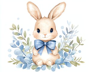 Obraz premium cute watercolor and pencil illustration of a baby bunny wearing a bow, pastel tones, soft shading, hand-drawn style