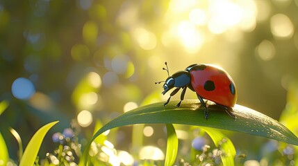 Ladybug on a Leaf in Sunny Meadow