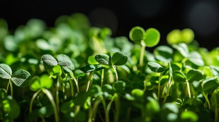 Lush green sprouts in close-up with dark background.