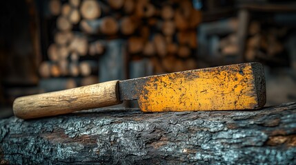 Rusty butcher knife on woodpile