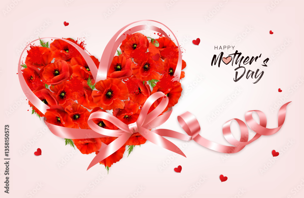 Poster happy mother's day background with red poppies gathered in the shape of a heart and pink ribbon. vec