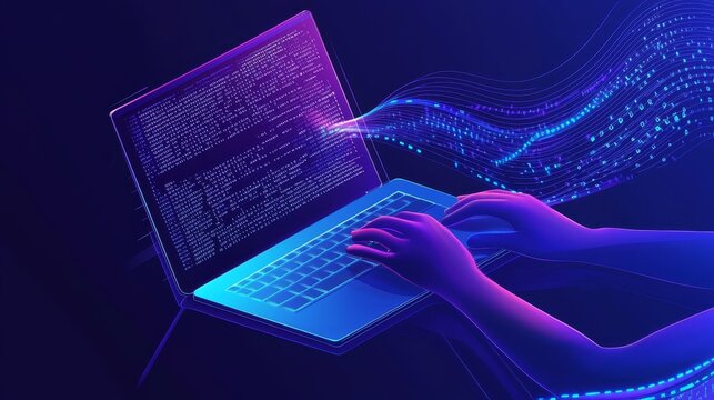 Close-up of a programmer's hands coding on a sleek laptop, holographic binary code flowing around, minimalistic cyber theme, deep blue background
