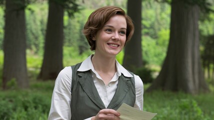 Fototapeta premium Smiling woman holding a letter in a lush green forest during daylight