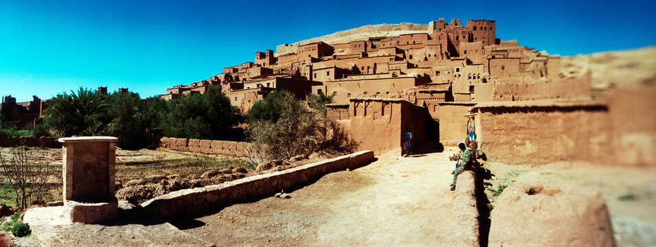 Panoramic view of Merzouga village in the Oasis village of Hassilabied in south-east Morocco.